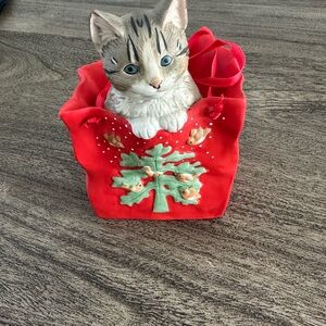 Red Cat Figurine in Festive Bag
